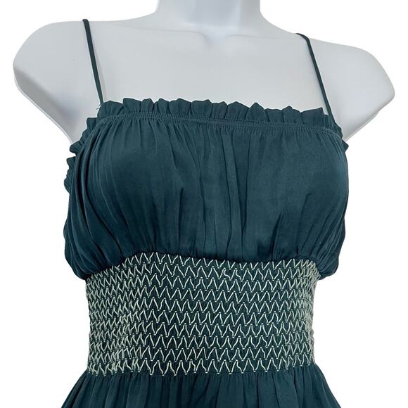 Free People Satin Smocked Cropped Tank Top Size XS Teal Boho Romantic Camisole - Picture 2 of 5